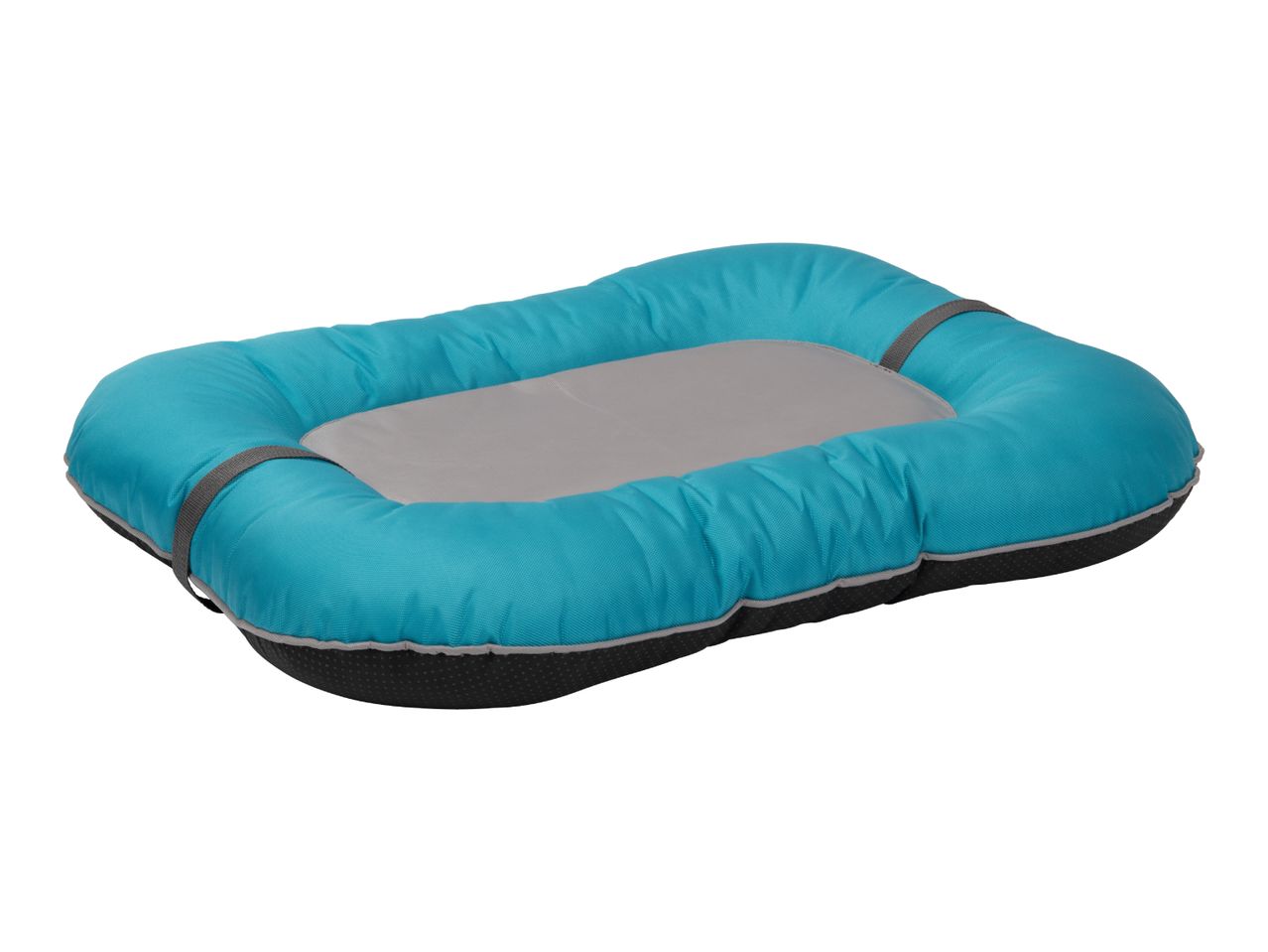 Rectangular pet bed in teal with a grey sleeping surface and dark grey base.