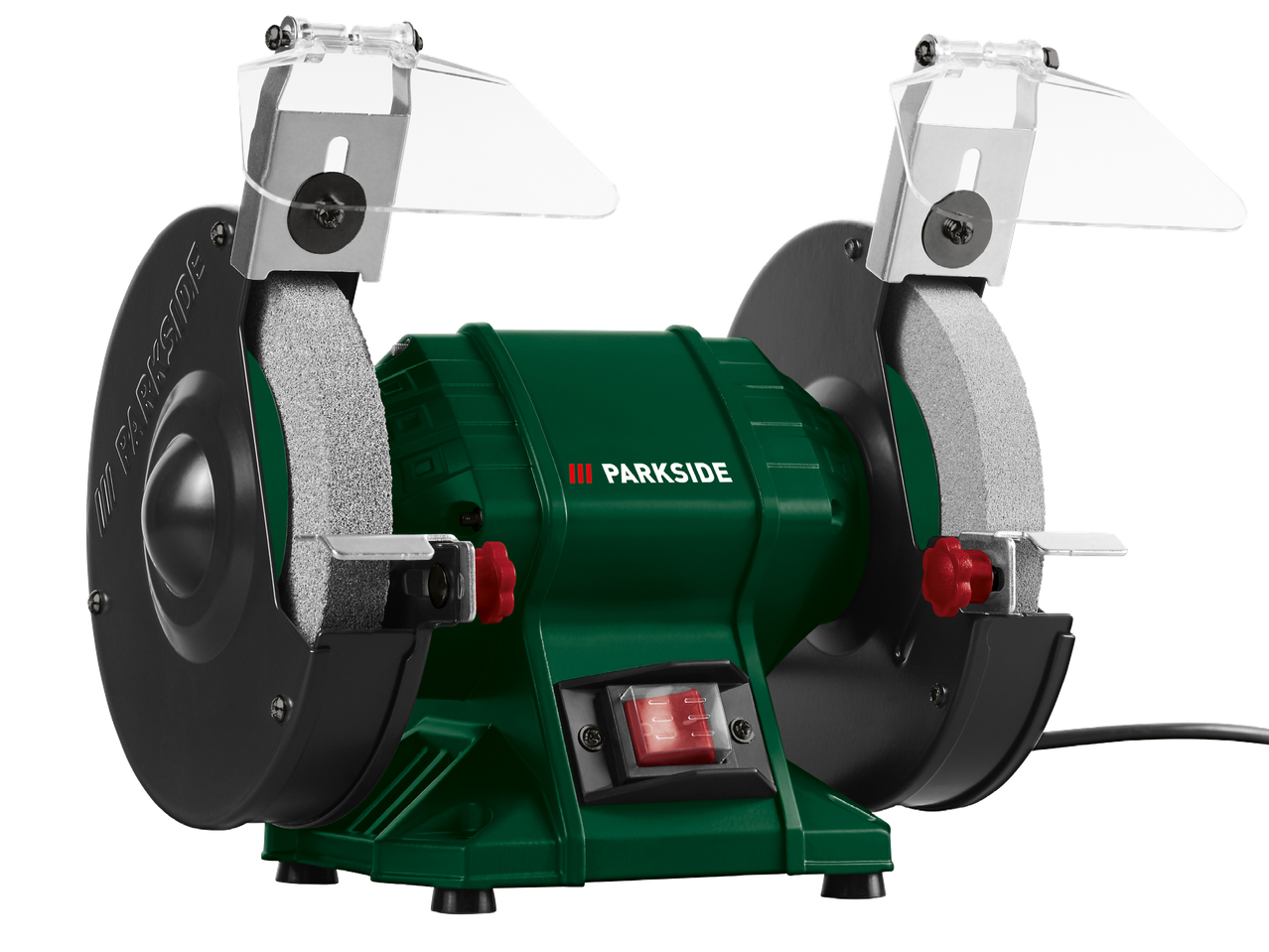 Зелен настолен шмиргел с два шлифовъчни диска и предпазители.