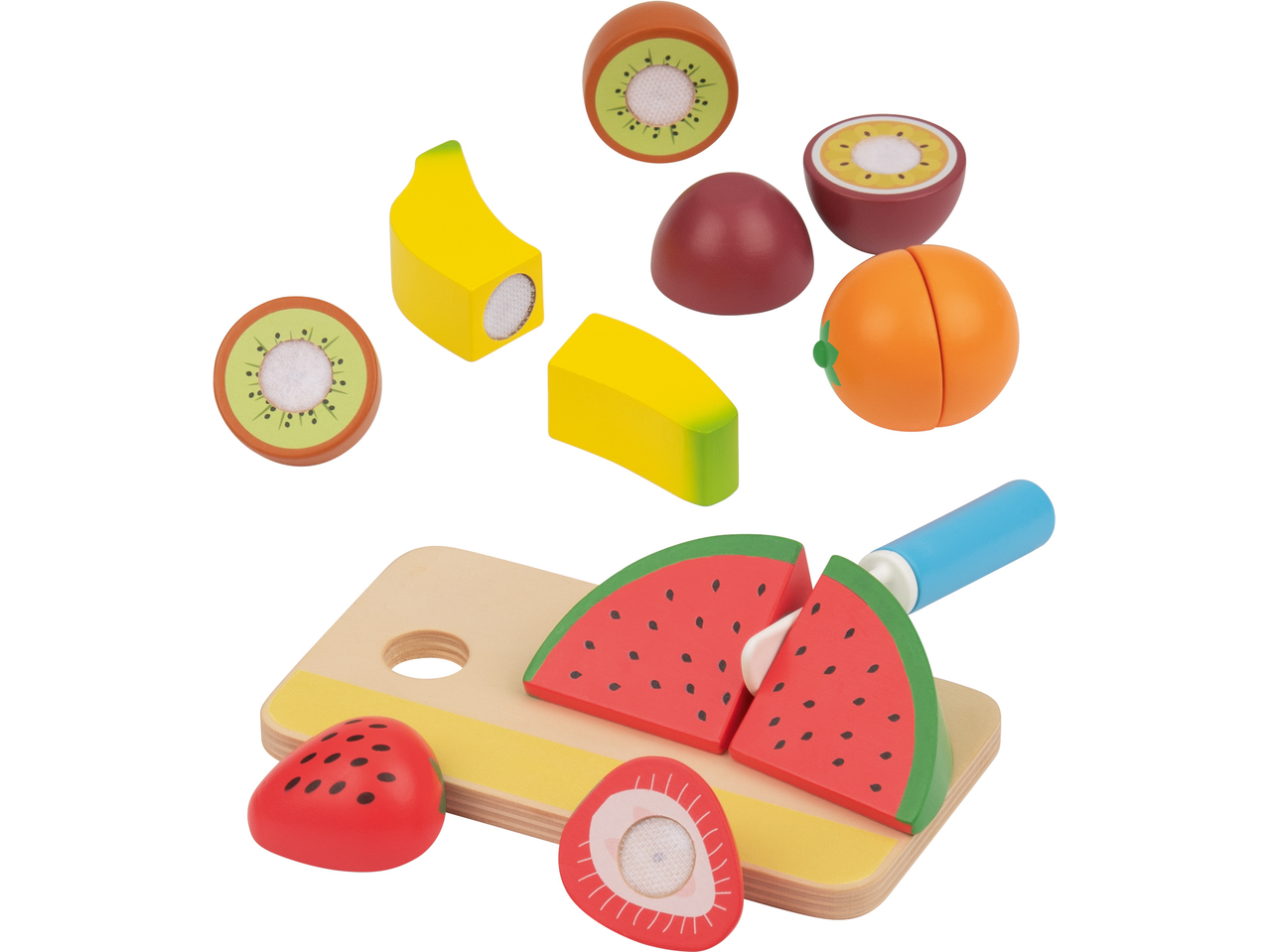 LUPILU® puidust mängutoit: lõikelaud arbuusi, maasika, kiivi, banaani, apelsini ja granadilliga.