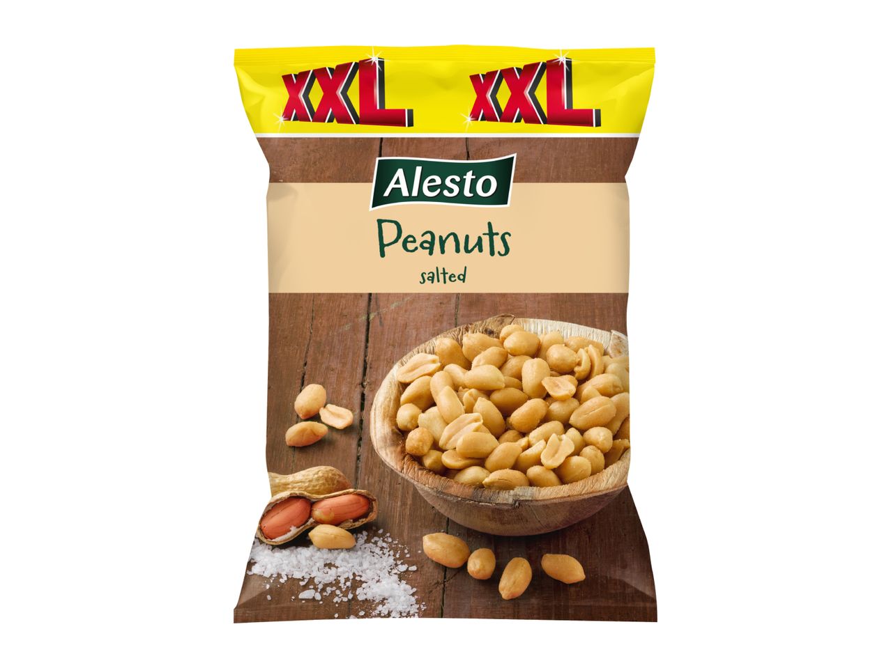 Alesto XXL Salted Peanuts in a bag, with a bowl of peanuts and loose salt.