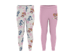 To par lyserøde pigge-leggings, den ene med Paw Patrol- og dinosaurprint, den anden ensfarvet.