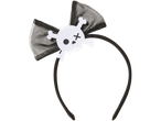 Black headband with a sheer black bow and a white skull and crossbones decoration