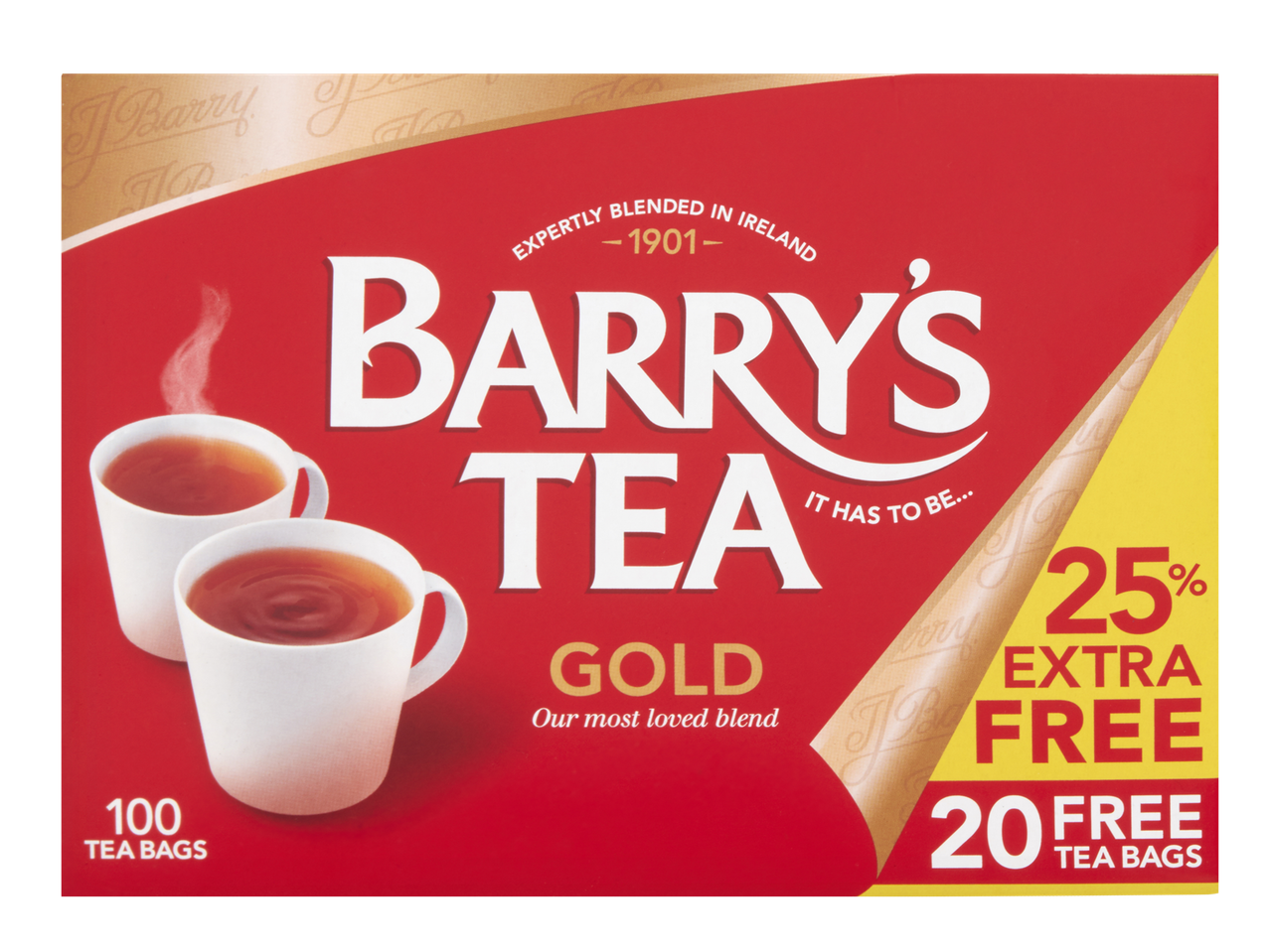 Barry's Tea Gold 100 tea bags box with 20 extra free bags.