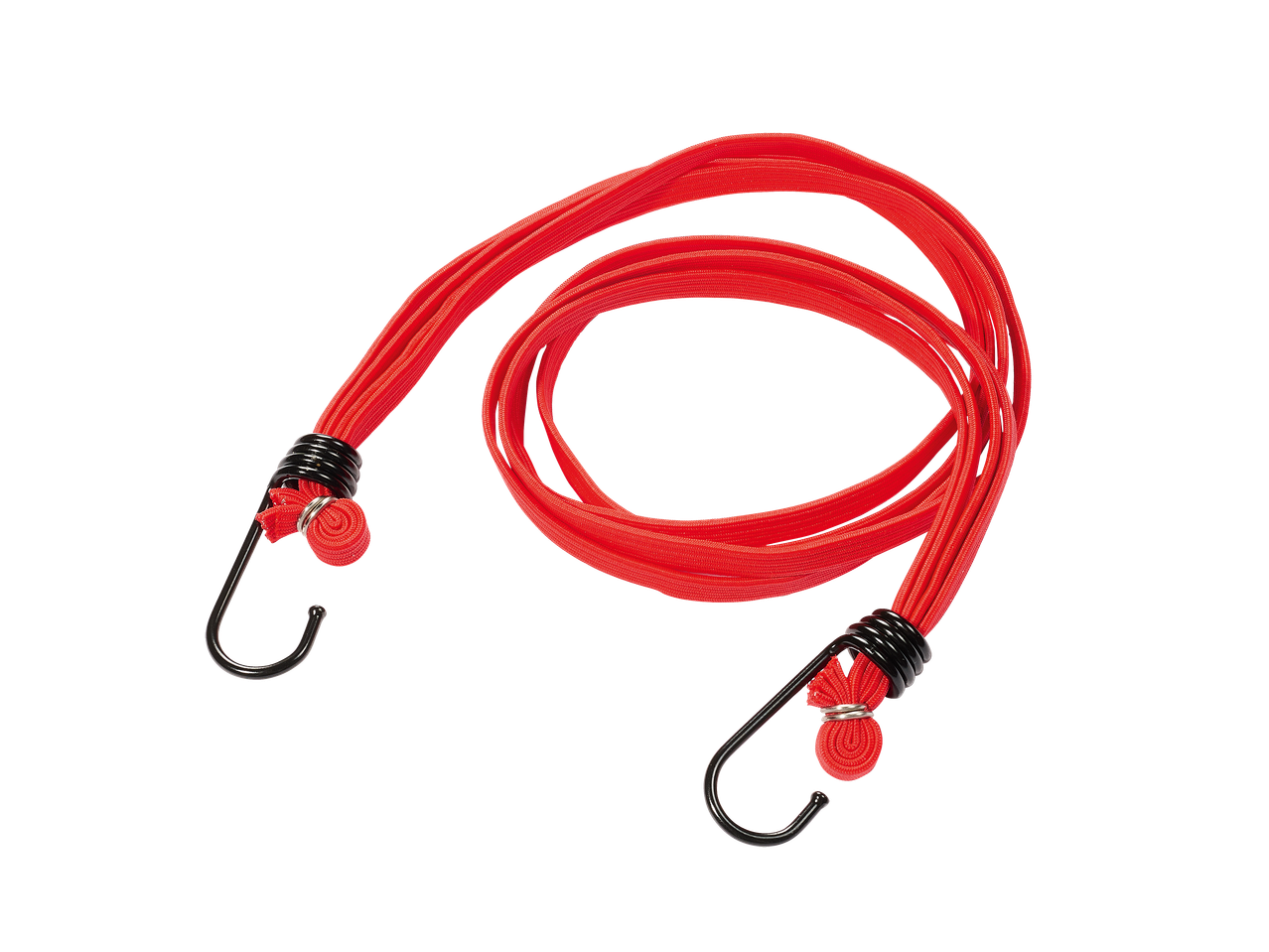 Corde élastique rouge avec crochets noirs sur fond noir.
