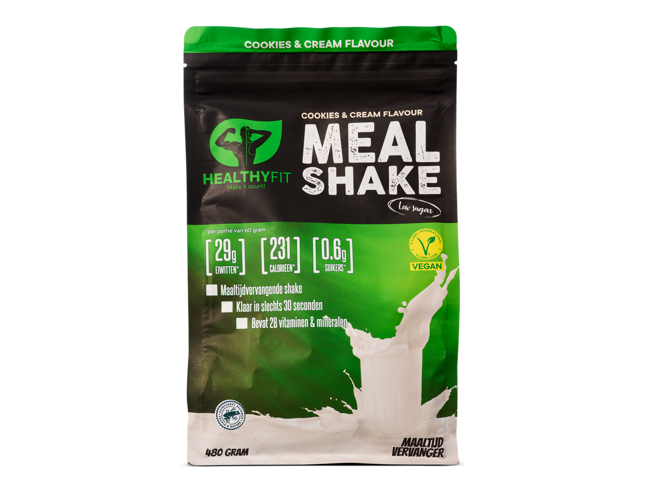 HealthyFit vegan maaltijdvervangende shake, cookies & cream smaak.