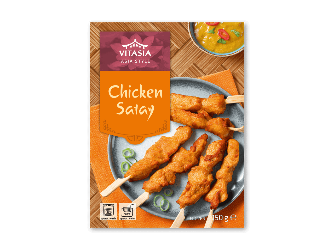 Frosne kyllingespyd med satay-sauce, klar til ovn eller friture, 150g.
