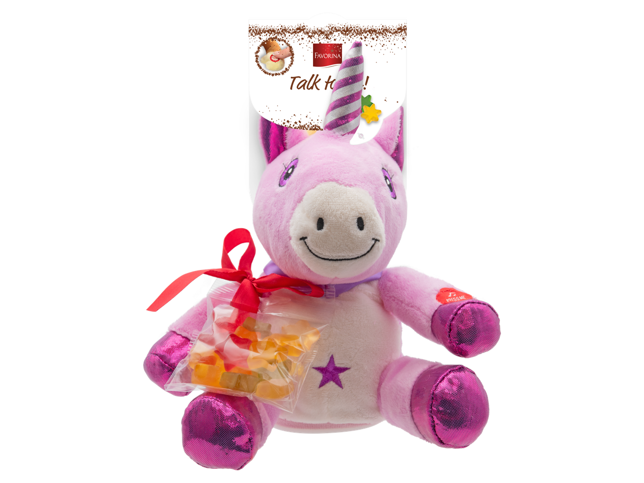 Розова плюшена играчка еднорог Favorina с бонбони.