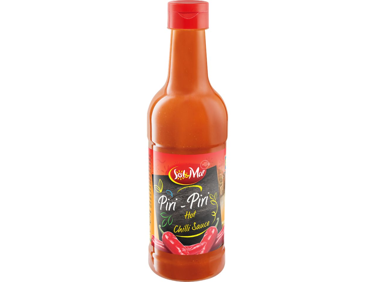 En flaska piri-piri het chilisås med en röd kork och en svart etikett med texten 'Piri-Piri Hot Chilli Sauce'.