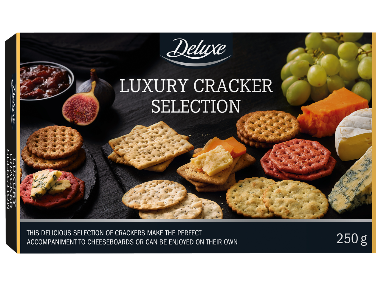 Deluxe Luxury Cracker Selection erinevate juustude, viinamarjade ja viigimarjadega.