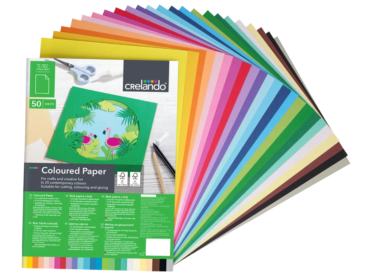 Комплект от 50 листа цветна хартия Crelano в 25 съвременни цвята, подходяща за рязане, оцветяване и лепене.