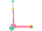 Pink scooter with teal wheels and handlebars, featuring colorful cartoon decals.