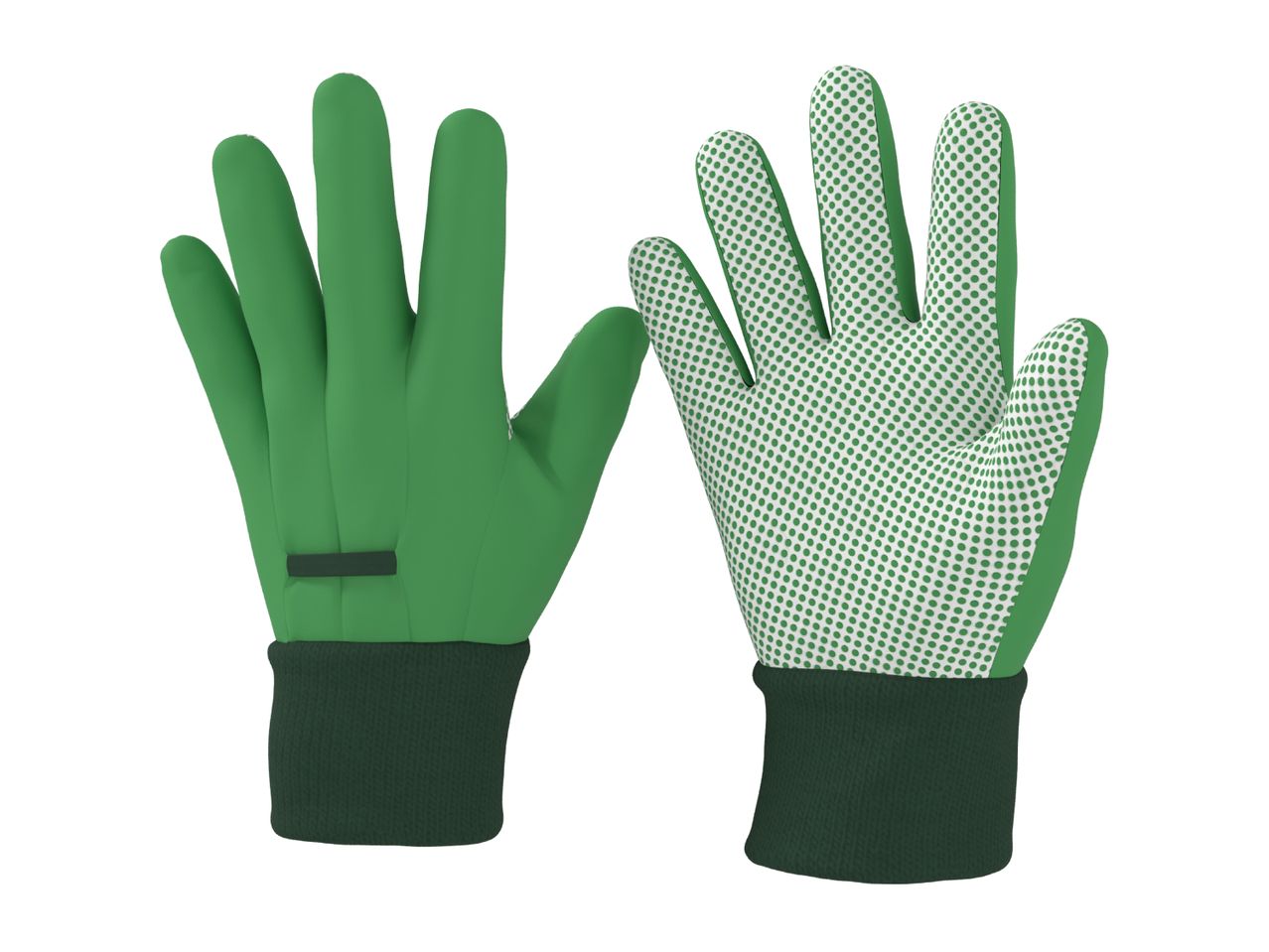 Pair of green gardening gloves, one showing the plain back and the other the dotted palm.