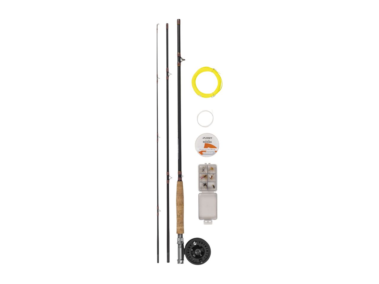 Fly fishing rod, reel, line, backing, and a box of flies.