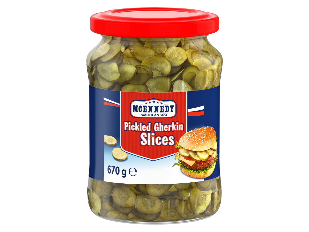 Bocal de cornichons coupés en rondelles, avec une étiquette bleue et rouge montrant un hamburger.