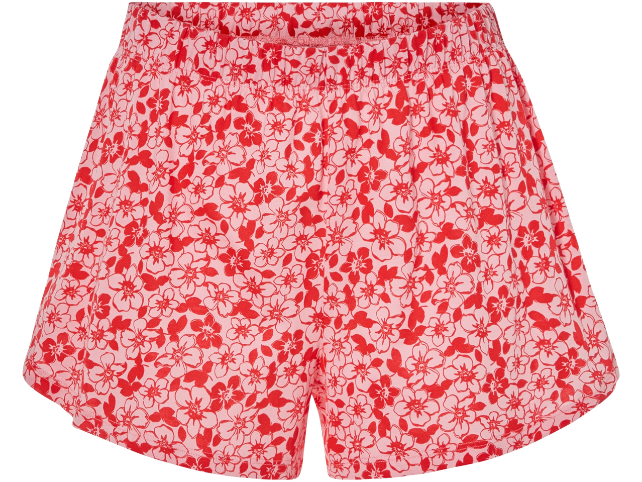 Rožinės ir raudonos spalvos gėlių rašto šortai.