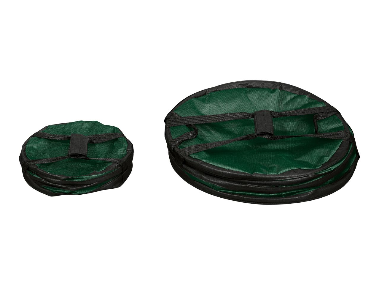 Two collapsed green and black pop-up garden bags of different sizes.