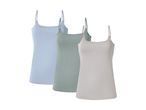 Three women's camisole tops in light blue, sage green, and light grey.