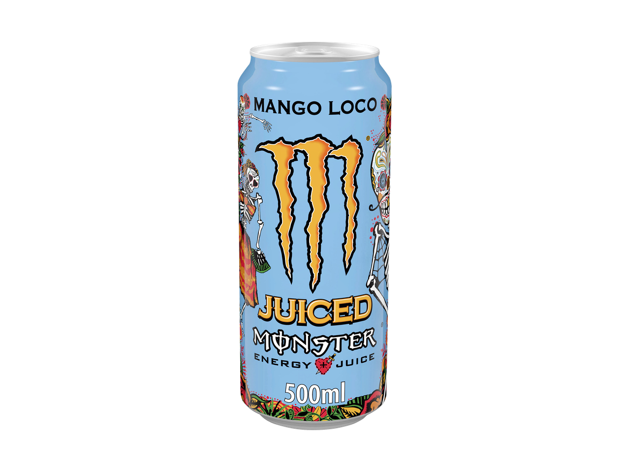 Hellblaue Energy-Drink-Dose mit Mango-Geschmack und Dia de los Muertos-Skelett-Design.