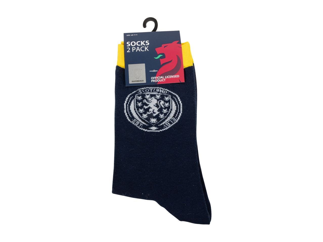 A pair of dark blue socks with a white Scottish crest, yellow cuffs, and a 'Socks 2 Pack' label.