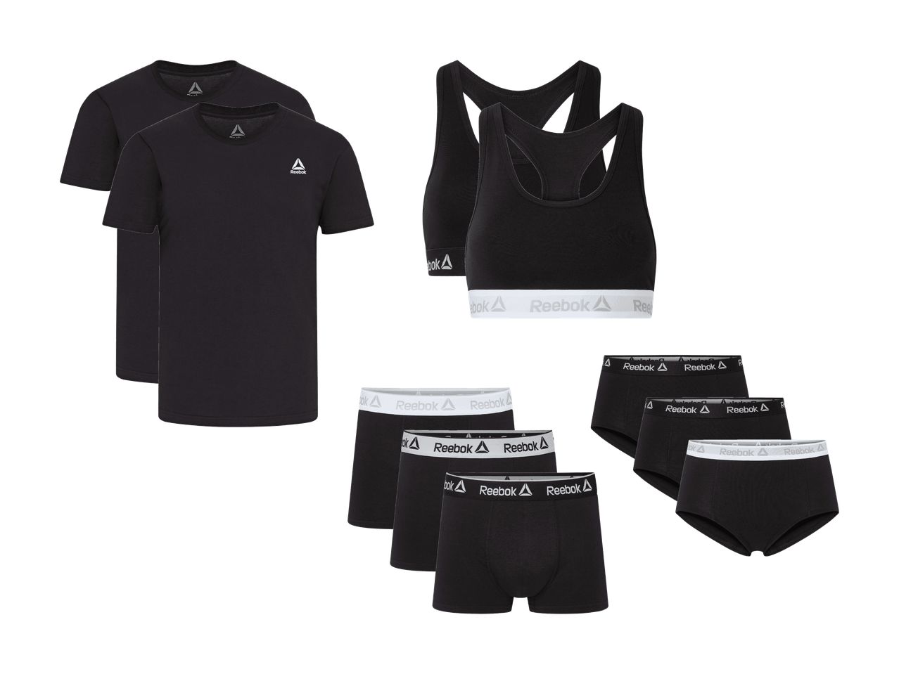 Ensemble de sous-vêtements et t-shirts noirs pour hommes et femmes avec ceinture logotée.