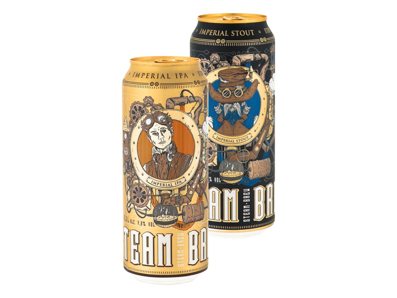 Dve pločevinki piva Steam Brew, Imperial IPA in Imperial Stout, s steampunk dizajnom.