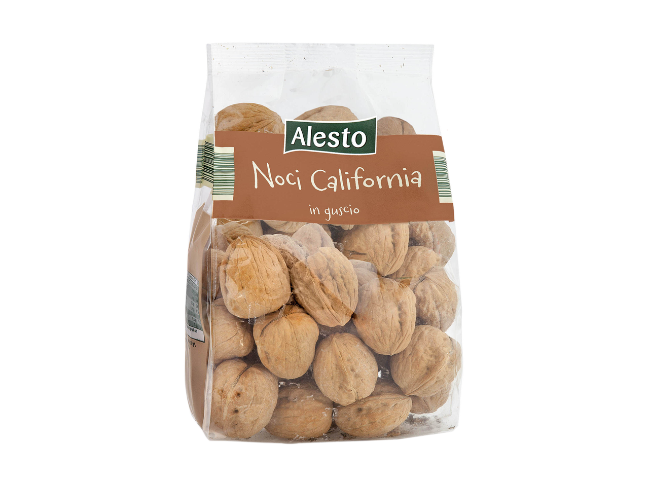 Una confezione trasparente di noci della California con il marchio Alesto.