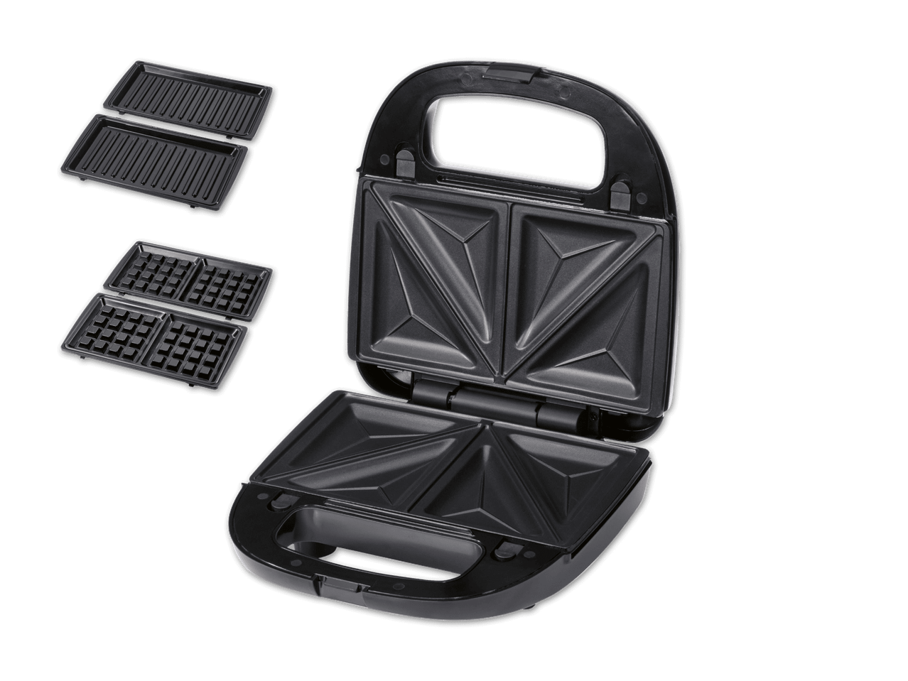Ein 3-in-1-Sandwichtoaster mit austauschbaren Platten für Sandwiches, Waffeln und Grillmuster.