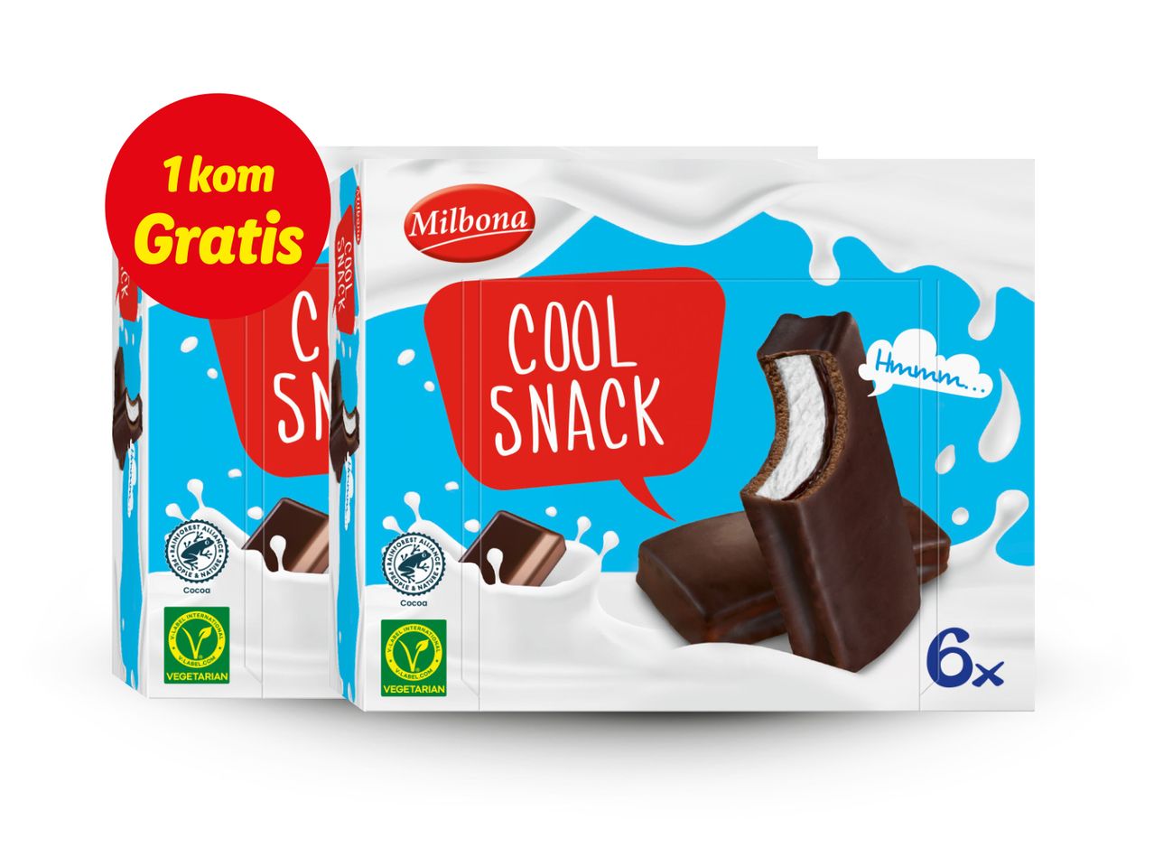Pakiranja Milbona Cool Snack s natpisom '1 kom Gratis' i '6x'.