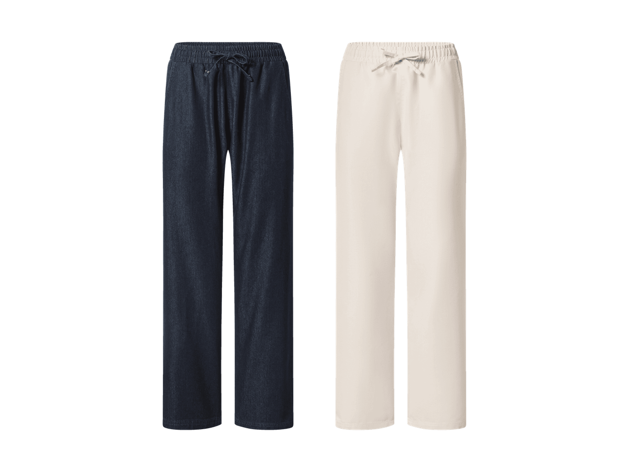 Deux pantalons amples à cordon de serrage, un bleu foncé et un beige clair.