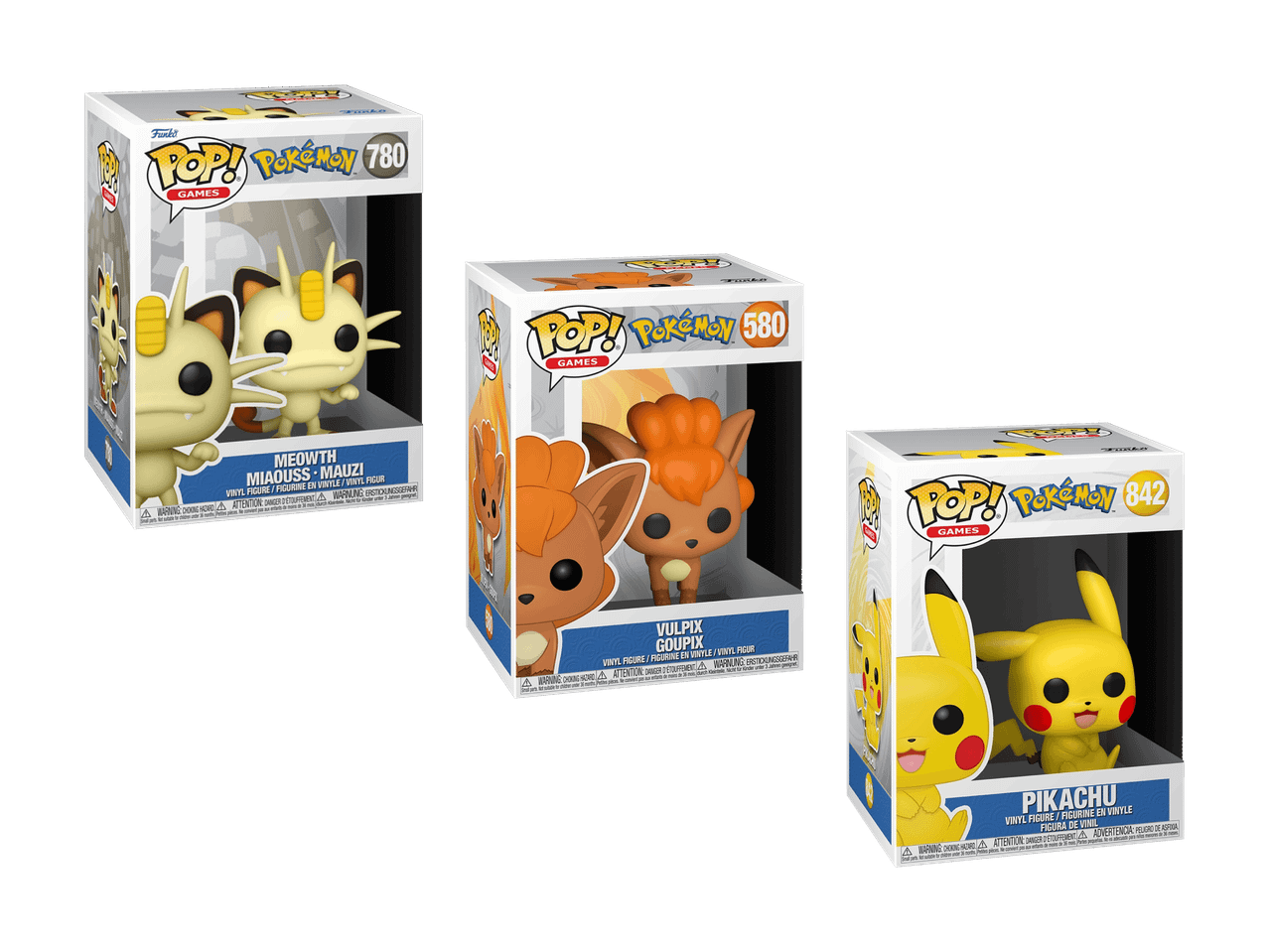 Trois figurines de collection en boîte, dont Miaouss, Goupix et Pikachu.