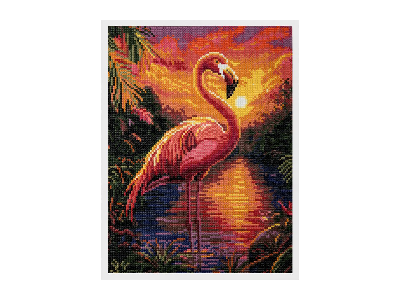 Diamond painting kit featuring a pink flamingo in a vibrant sunset over water.