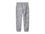 Grey children's sweatpants with a black dinosaur print, elasticated waist, and ribbed cuffs.