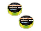 Two spools of yellow fishing line with fish illustrations and product details.