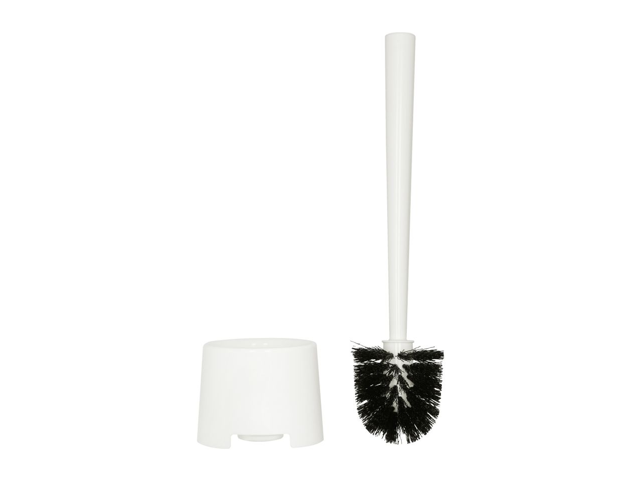 White toilet brush with black bristles and a matching white holder.