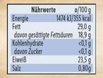 Nährwertangaben: Energie, Fett, Kohlenhydrate, Eiweiß, Salz.