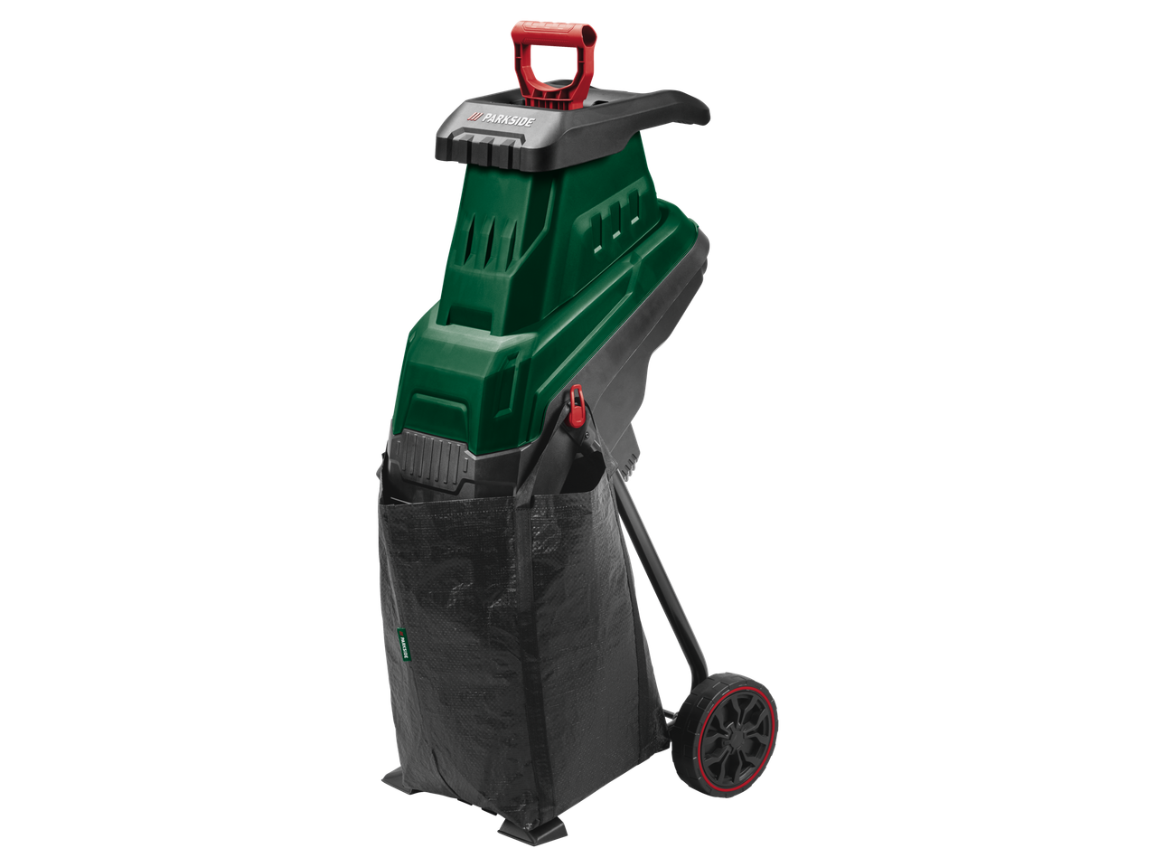 Sodo smulkintuvas su žaliu korpusu, raudona rankena ir juodu maišu ant ratų.