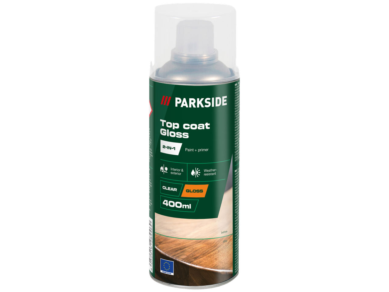 Parkside gloss top coat: 2-in-1 spray, interior/exterior use, 400ml.