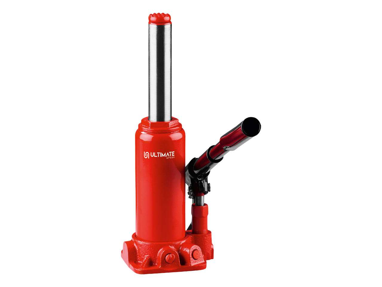 Crvena hidraulična dizalica s crnom ručkom i srebrnim klipom na crnoj pozadini.