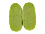 Pair of green baby slippers with non-slip soles, viewed from the bottom.