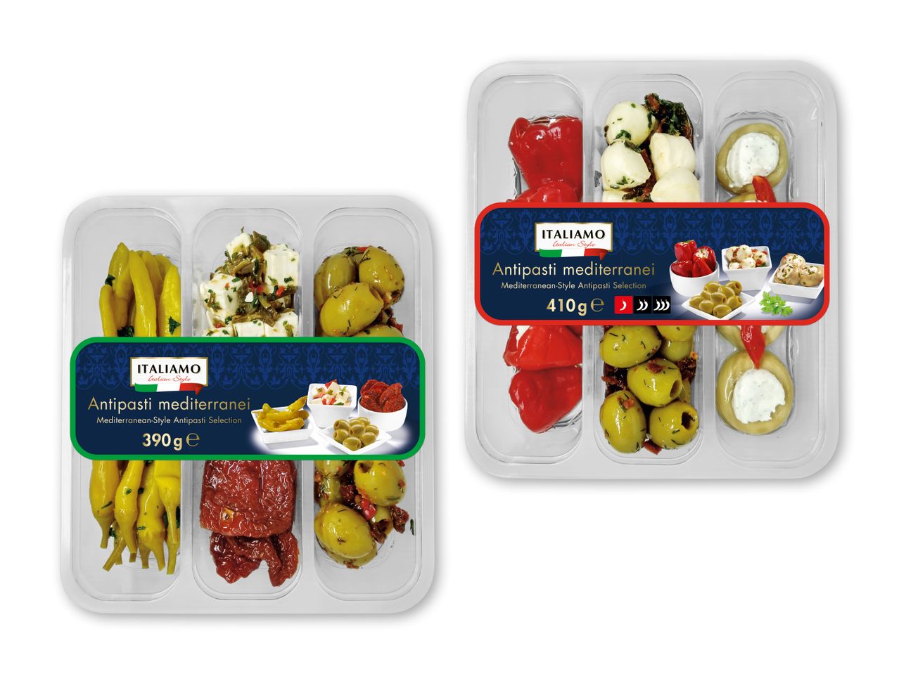 To pakker middelhavsinspireret antipasti med peberfrugter, oliven, feta og mozzarella.
