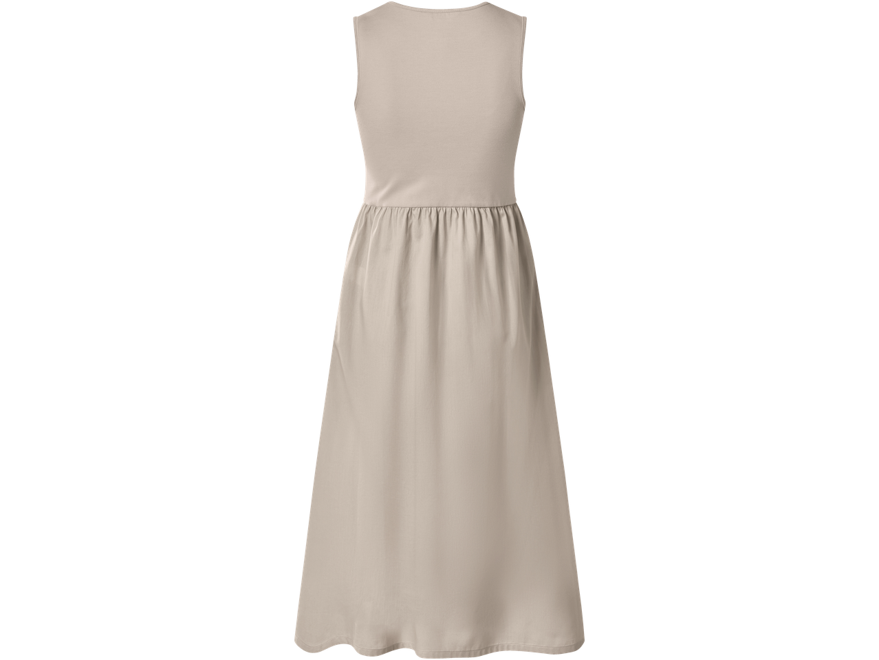 Vestido comprido Esmara em bege claro com corpete justo e saia franzida.