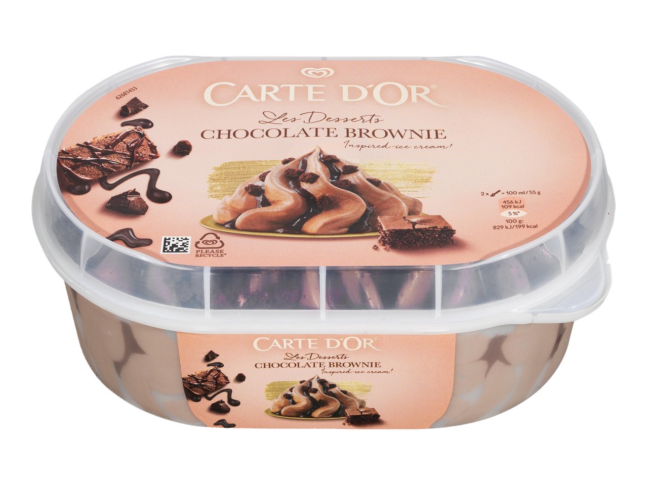 Csokoládés brownie ihlette fagylalt, 2x100 ml/55 g adagokkal, 456 kJ/109 kcal energiatartalommal.