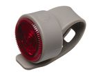 Grey bicycle rear light with a red lens and power button