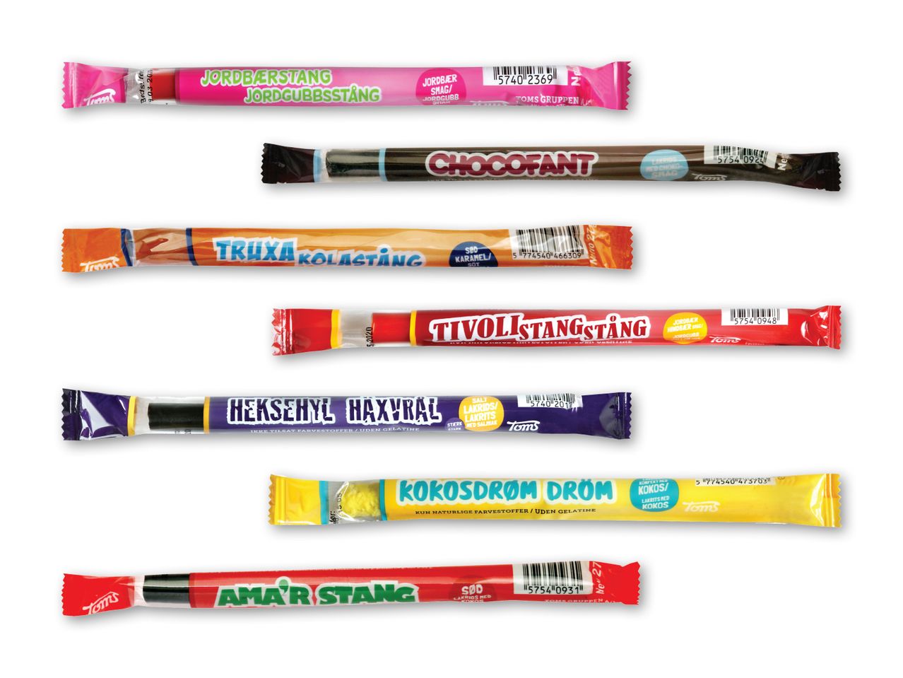 En række Toms-slikstænger, herunder jordbær, chokolade, karamel, lakrids og kokos.