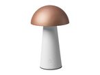 Mushroom-shaped table lamp with a copper-colored top and a white base with a power button.