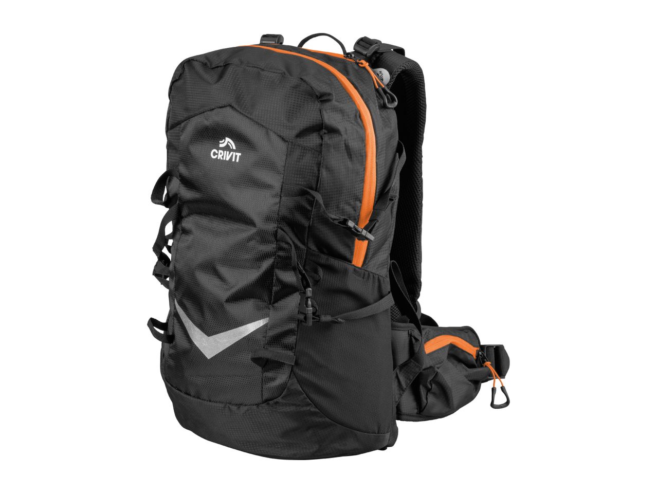 A black Crivit hiking backpack with orange accents is shown against a white background.