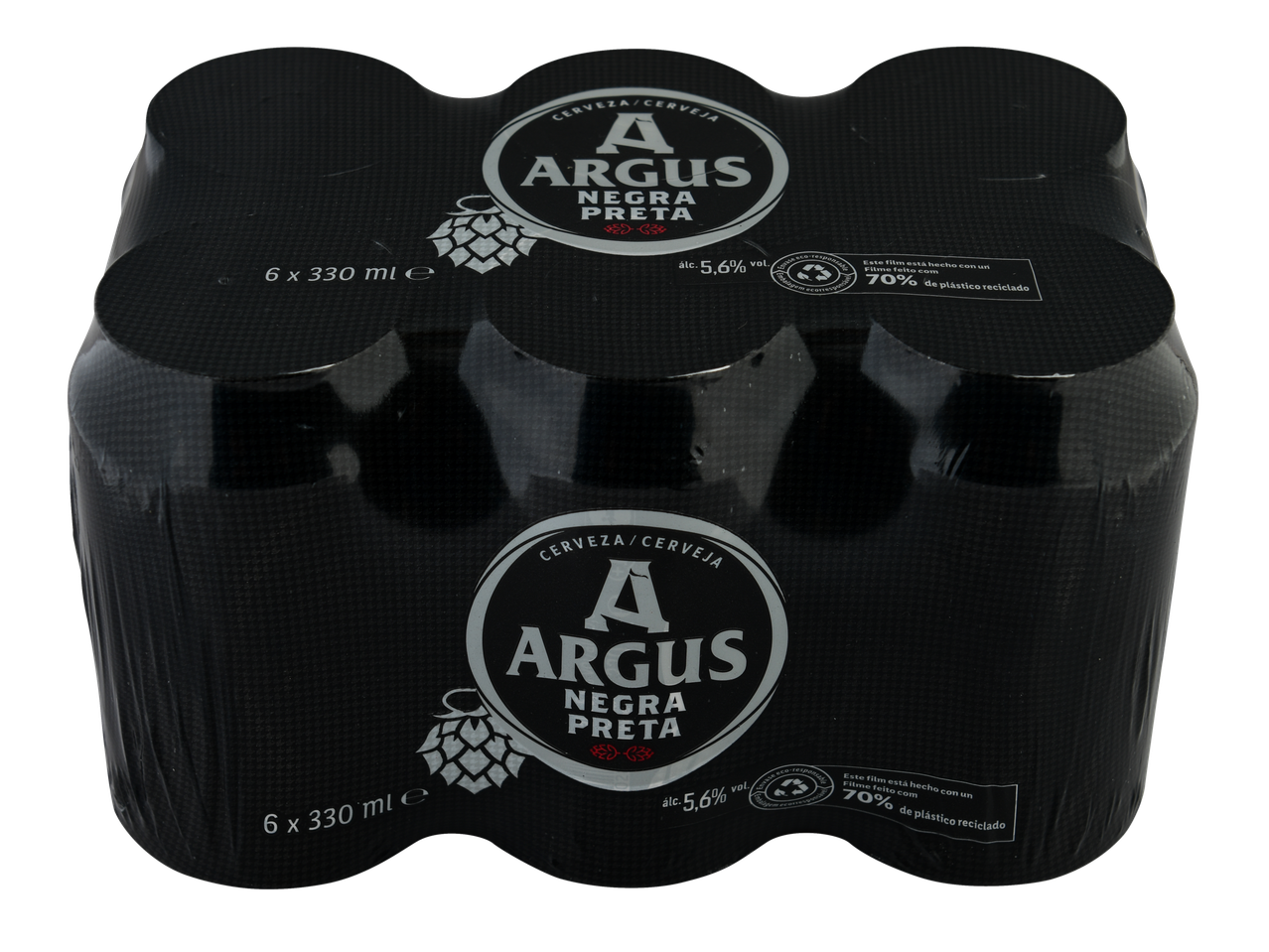 Pack de 6 cervejas Argus Negra Preta, 330ml cada, com 5,6% vol. e embalagem 70% reciclada.