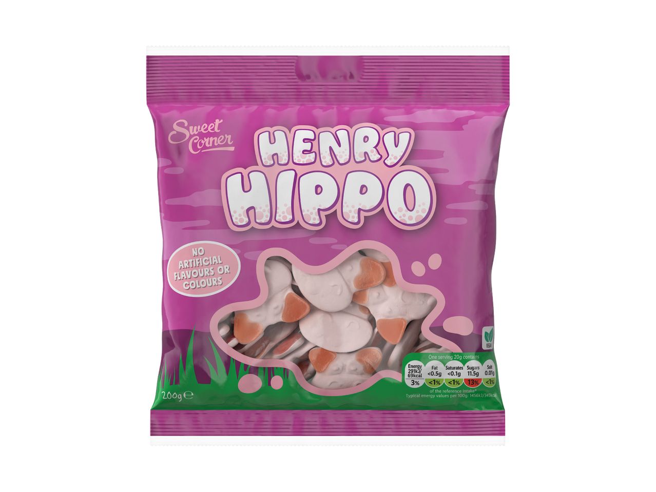 Pink candy bag with white and orange hippo-shaped sweets, labeled 'Henry Hippo' and 'No Artificial Flavours or Colours'.