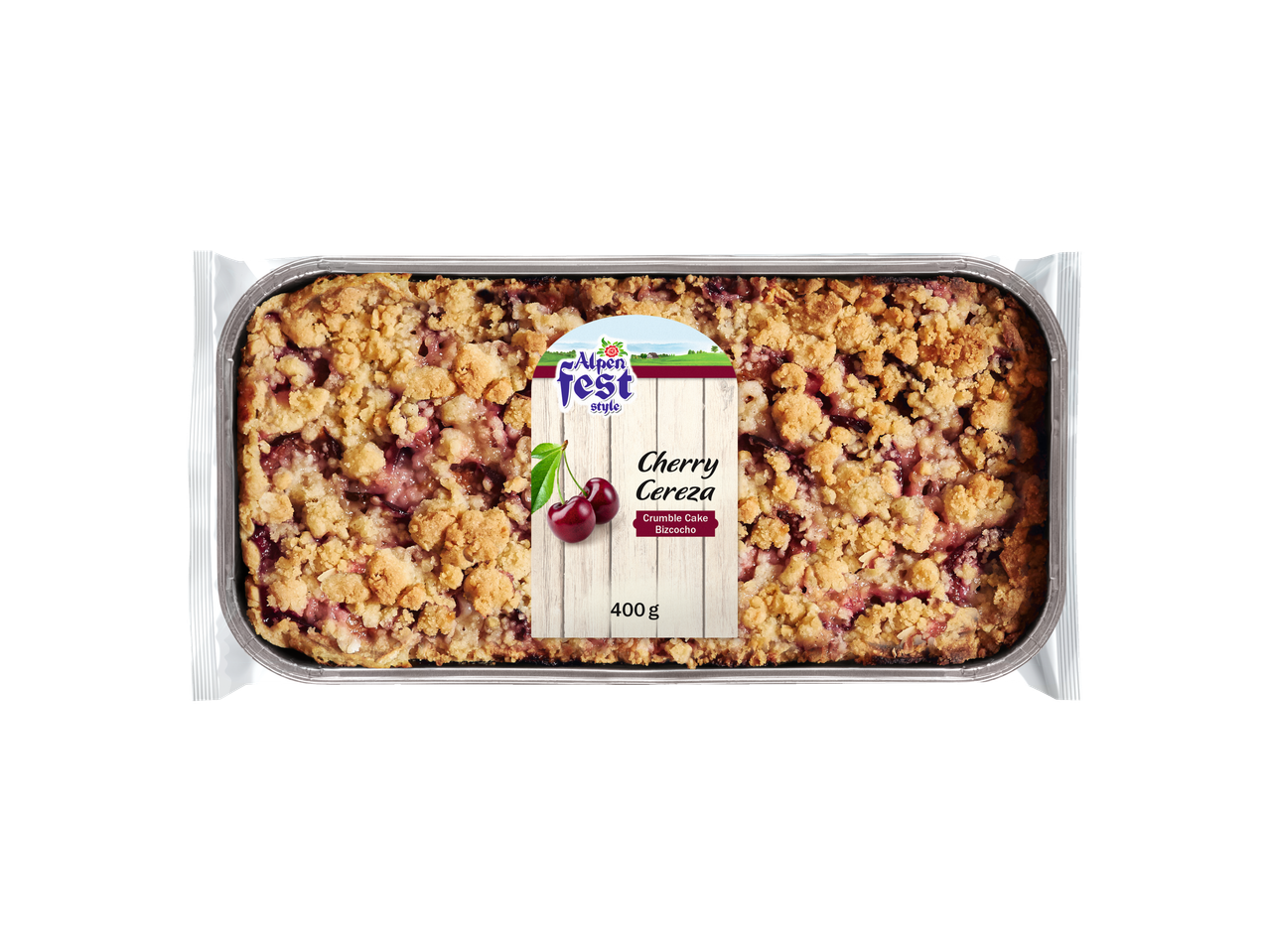 Alpenfest Cherry Crumble Cake in a foil pan, 400g.