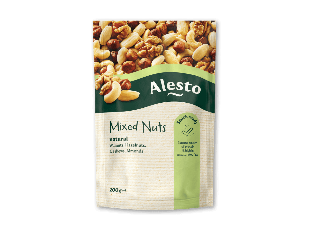 Pose med blandede nødder (valnødder, hasselnødder, cashewnødder, mandler), 200g, klar til snack.